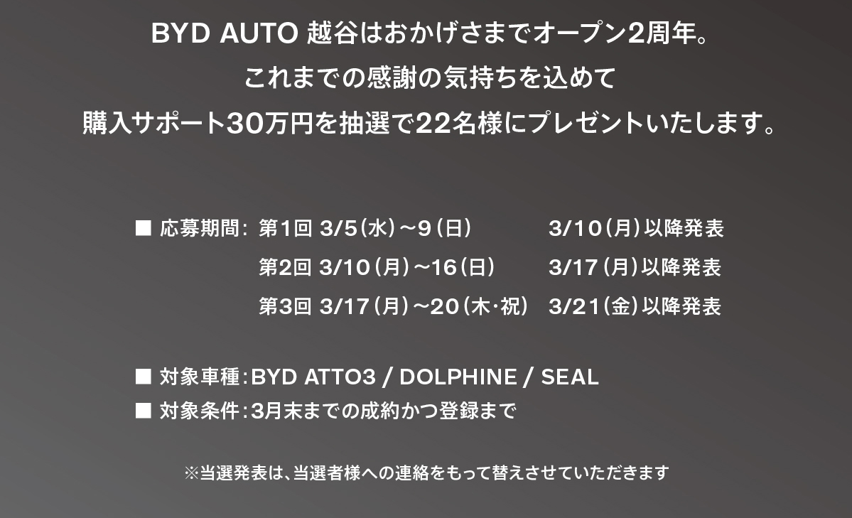 BYD AUTO 越谷はおかげさまでオープン2周年。これまでの感謝の気持ちを込めて購入サポート30万円を抽選で22名様にプレゼントいたします。