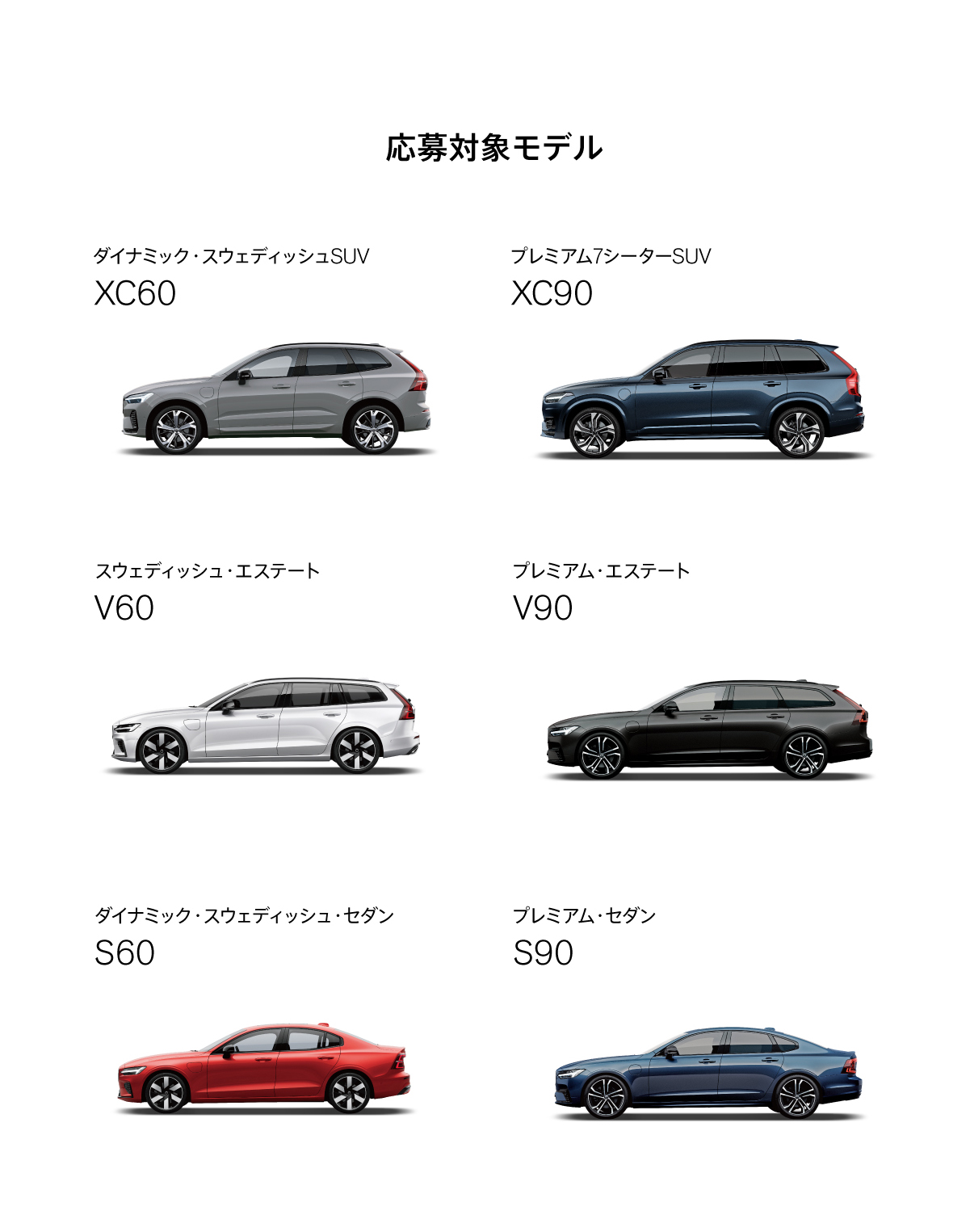 対象モデル／ダイナミック・スウェディッシュSUV XC60／プレミアム・7シーターSUV XC90／スウェディッシュ・エステート V60／プレミアム・エステート V90／ダイナミック・スウェディッシュ・セダン S60／プレミアム・セダン S90